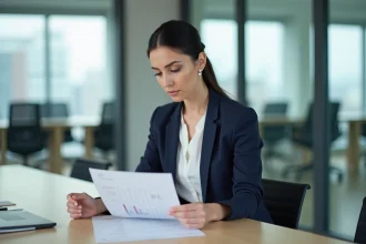 Responsable RH analysant les résultats d'un test de recrutement dans un bureau moderne