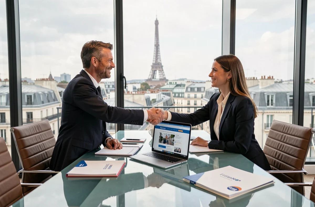 Deux entrepreneurs français se serrant la main lors d'une réunion d'affaires à Paris, symbolisant les partenariats professionnels en région