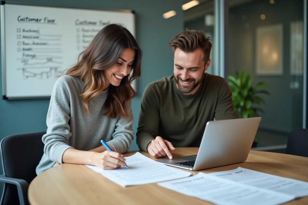 Deux collègues analysant des retours clients dans une salle de réunion vitrée, symbolisant la collaboration pour améliorer le service client
