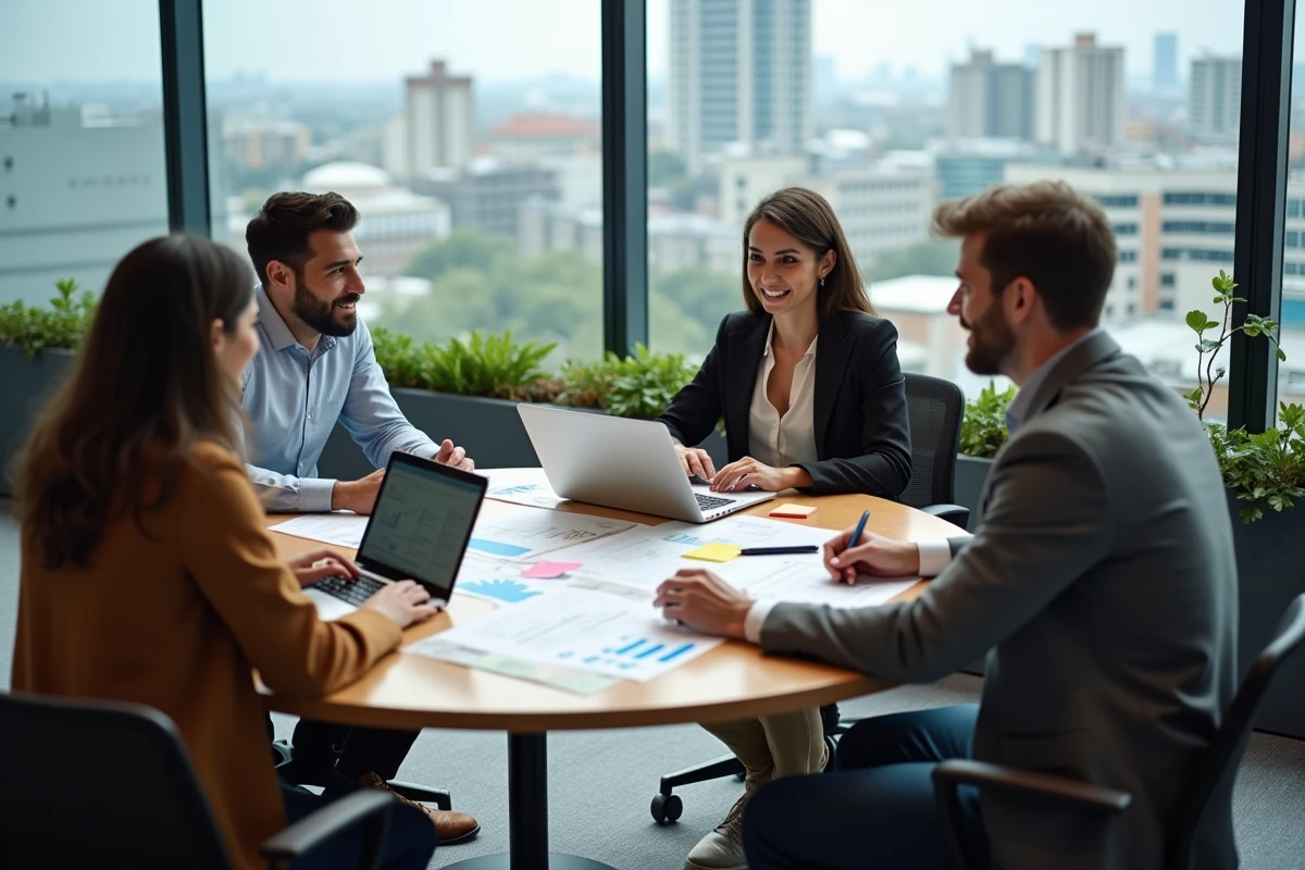 Équipe de professionnels en réunion analysant des opportunités de croissance autour d'une table de conférence