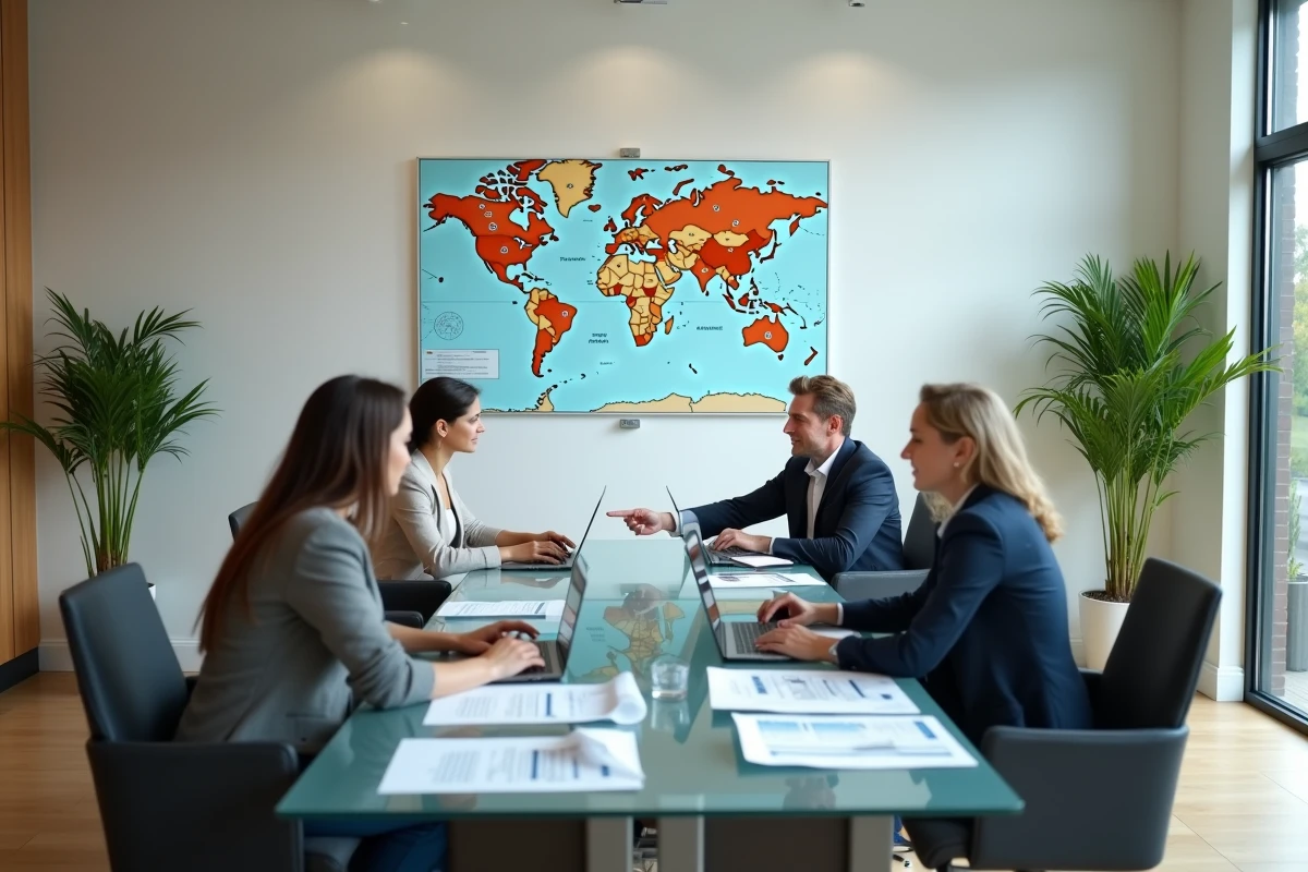 Réunion d'équipe internationale dans une salle de conférence moderne pour discuter du développement international de Nitrofer