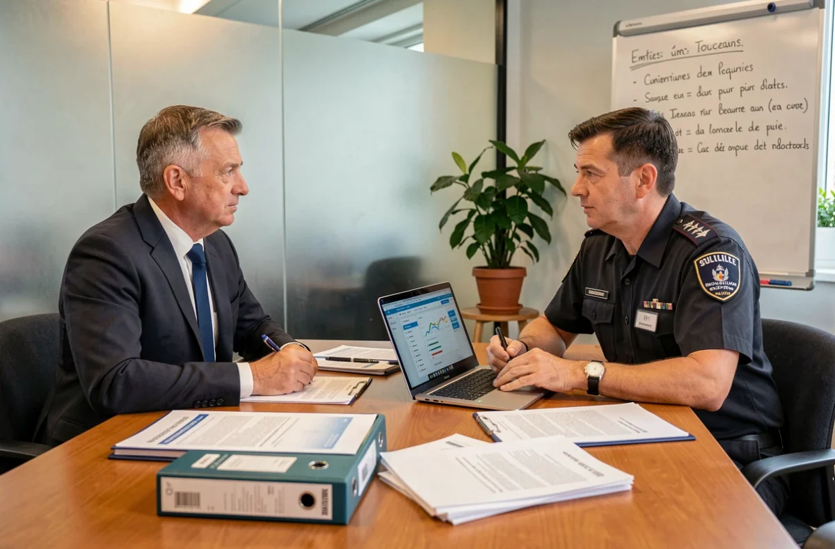 Réunion officielle entre un inspecteur du Cnpas et un responsable de sécurité privée autour de documents de contrôle