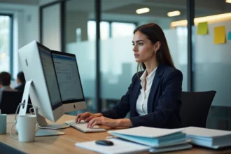 Responsable RH utilisant une interface de gestion documentaire numérique sur double écran dans un bureau moderne