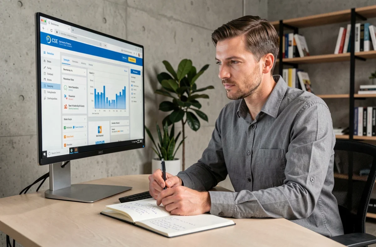 Salarié comparant des plateformes CSE externalisé sur ordinateur au bureau