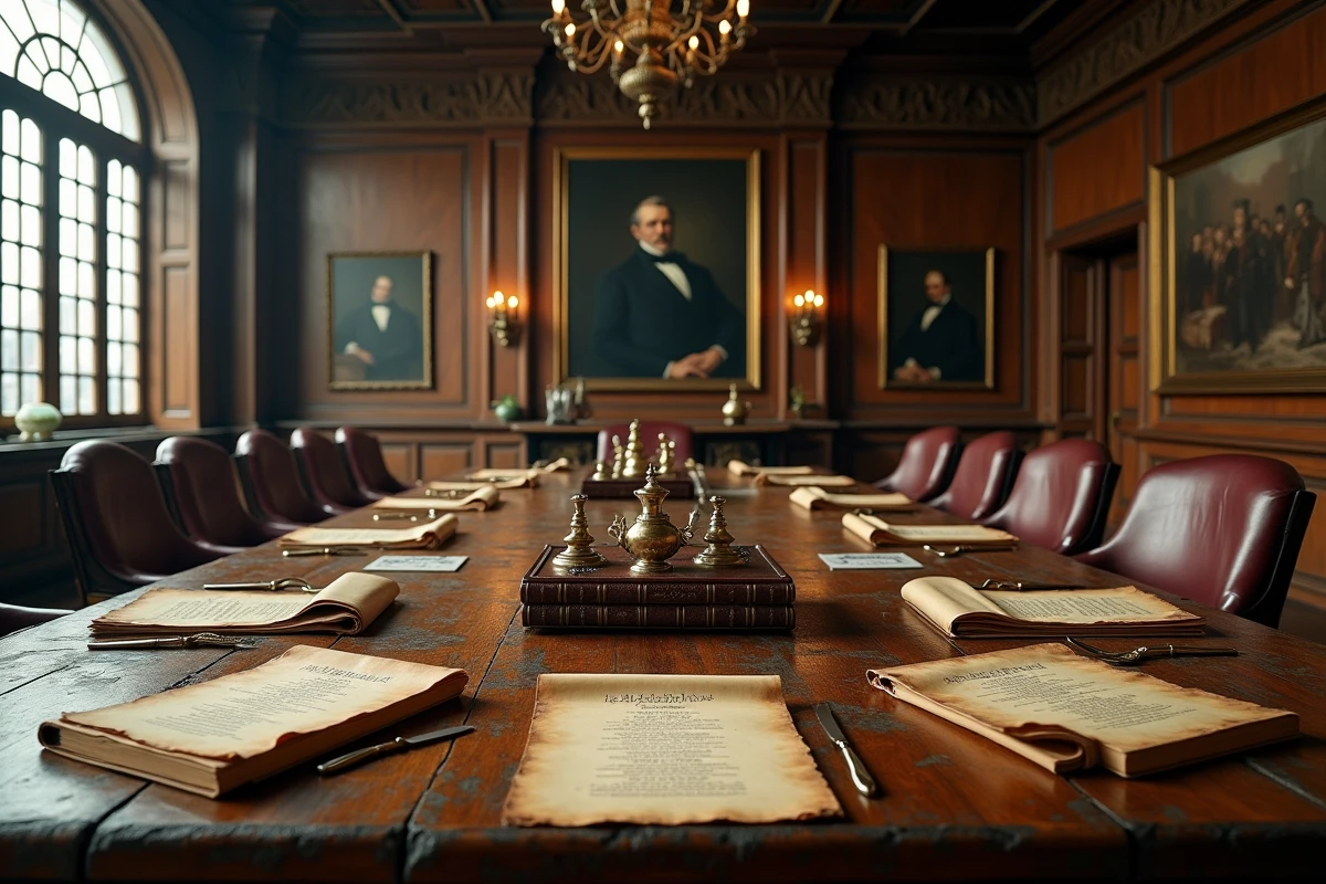 Salle de conseil d'administration d'une puissante entreprise historique du XIXe siècle avec documents anciens et mobilier en acajou