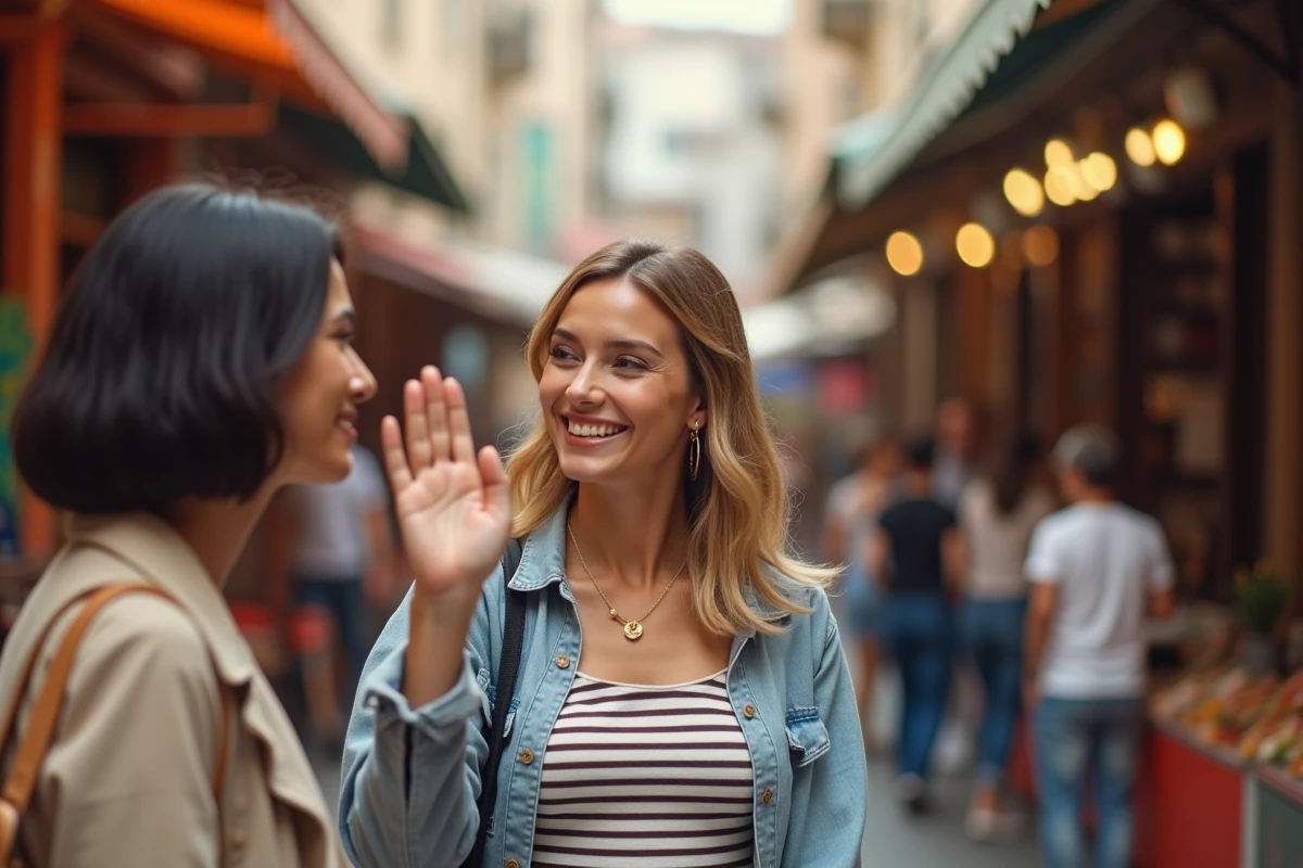 Femme saluant ses amies d'un geste de la main et d'une bise dans un marché urbain animé en plein air