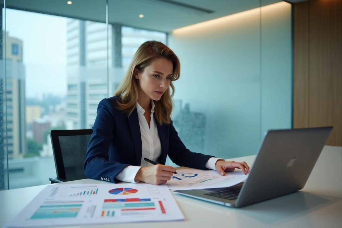 Femme professionnelle analysant des documents de gouvernance et de gestion des risques sur une table de réunion en entreprise