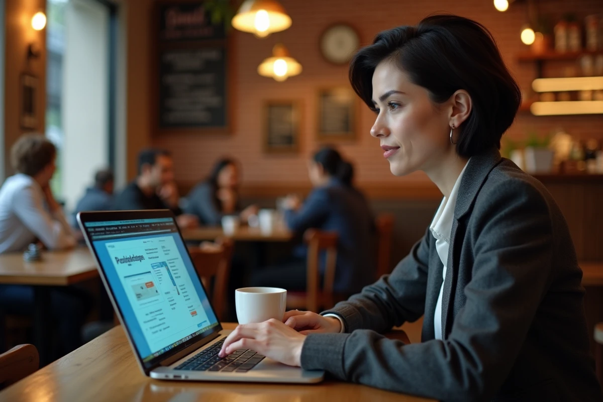 Femme spécialiste en marketing numérique travaillant sur un test A/B de campagne email dans un café urbain avec un ordinateur portable