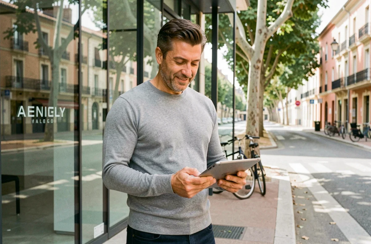 Stratège digital consultant les performances d'une campagne d'acquisition sur tablette devant une agence numérique à Montpellier