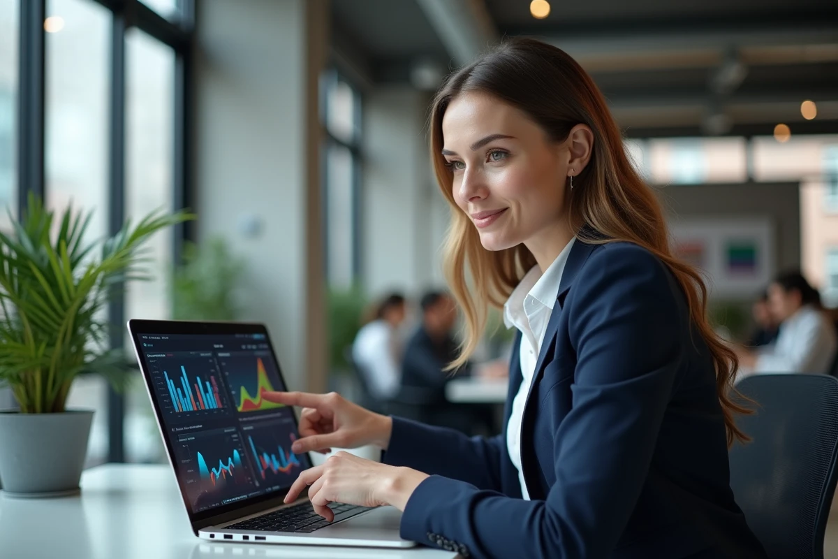 Professionnelle analysant des stratégies de marketing en ligne sur un ordinateur portable avec des tableaux de bord analytiques dans un bureau moderne