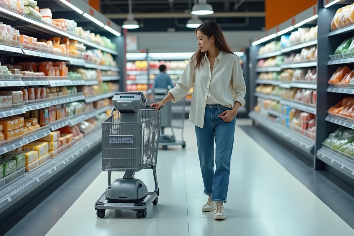 Femme avec un chariot connecté dans une épicerie automatisée illustrant le commerce de demain