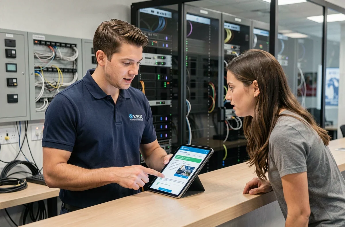 Technicien informatique aidant un collègue à résoudre une erreur d'accès à l'extranet GTM