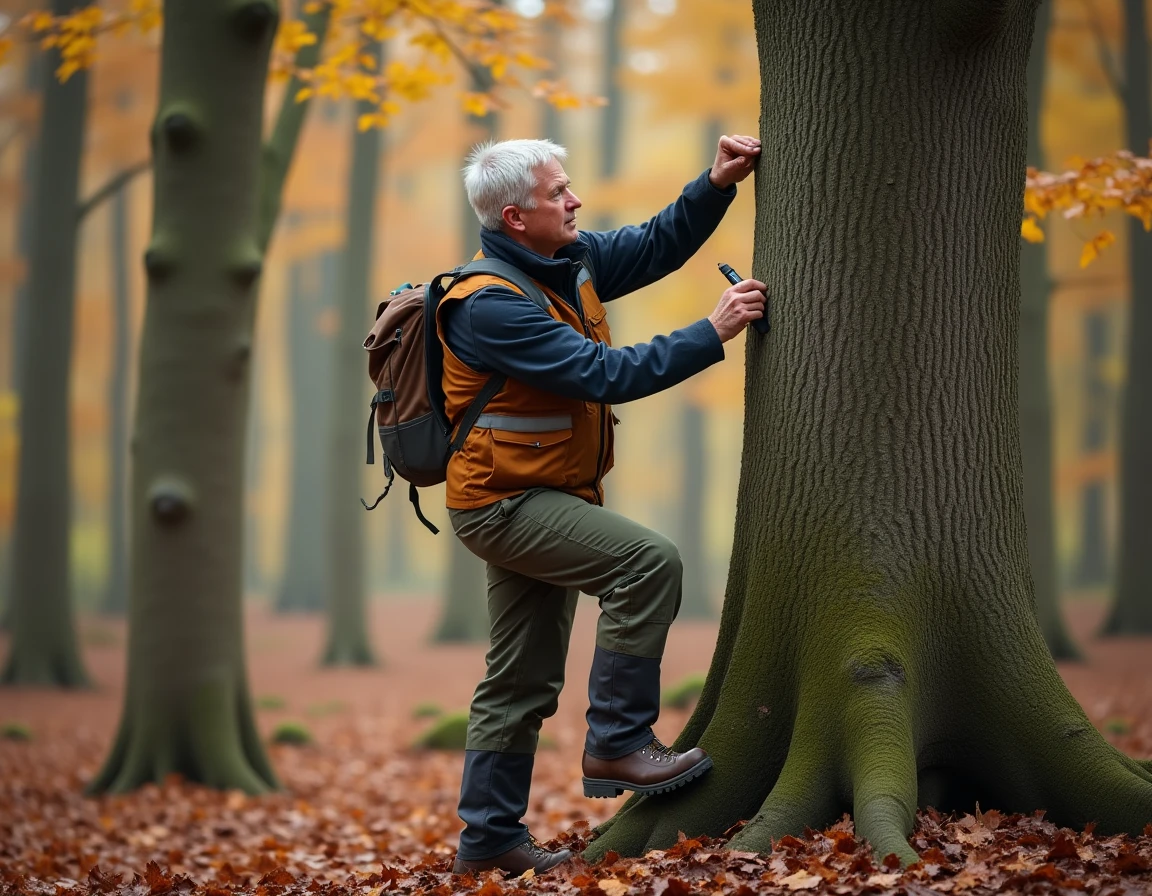 Sylviculteur marquant des arbres en forêt lors de la mise en œuvre concrète du plan de gestion forestière SILVAE