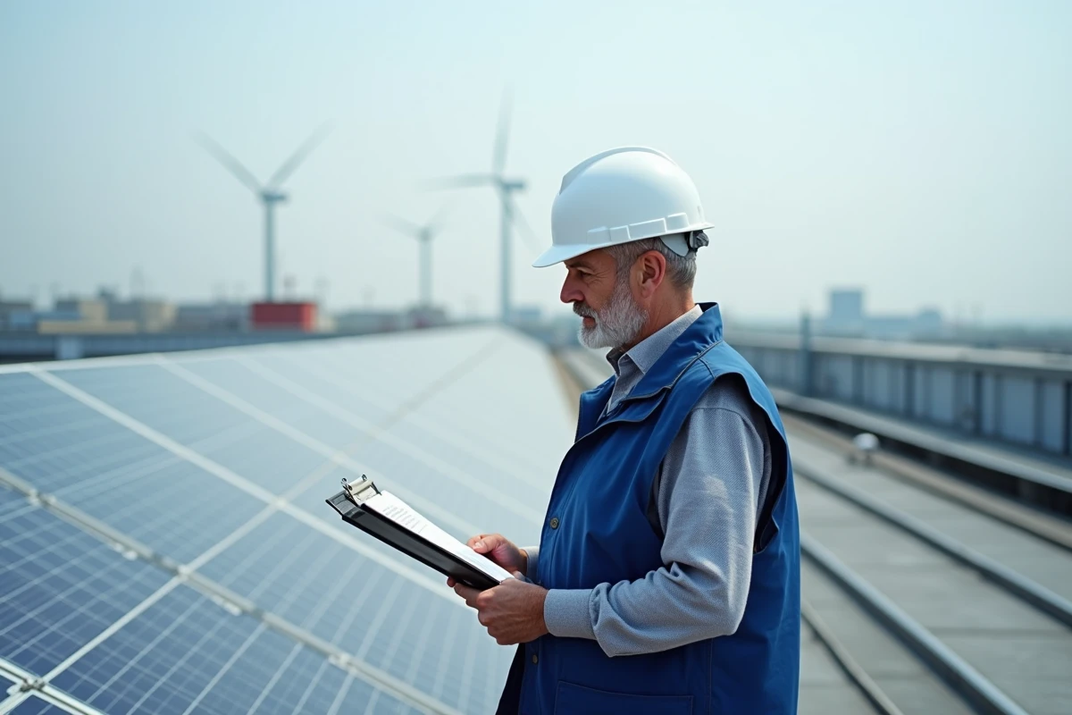 Technicien inspectant des panneaux solaires sur un toit industriel, symbole des énergies renouvelables et du développement durable