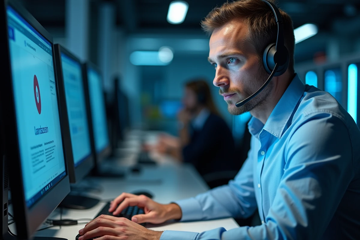 Technicien informatique résolvant un problème de connexion sur l'interface ALIS BNP Paribas en entreprise