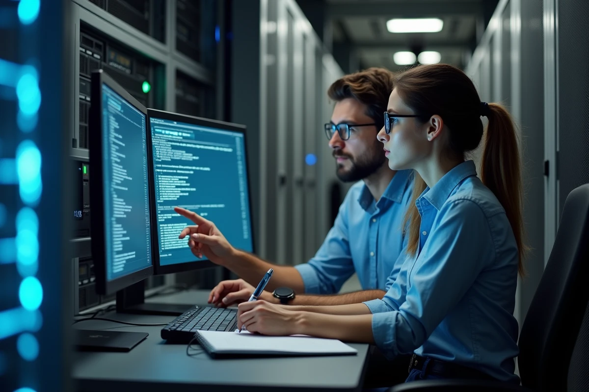 Deux techniciens IT configurant et corrigeant les erreurs d'un portail métier en salle serveur