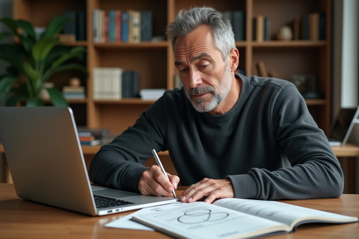 Homme en train d'analyser la théorie des 3C dans un carnet de notes stratégiques à domicile