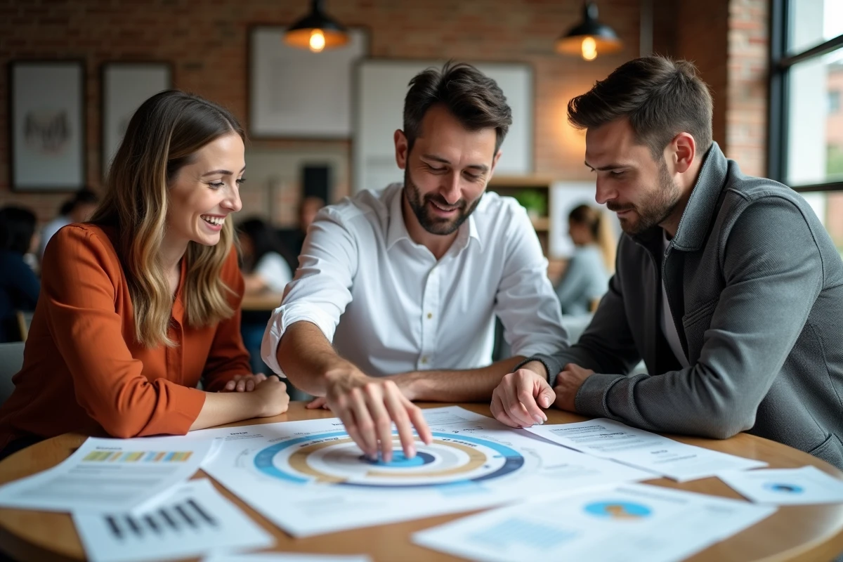 Équipe de professionnels analysant ensemble la théorie des 3C autour d'une table de travail