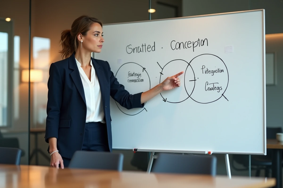Femme d'affaires présentant la théorie des 3C sur un tableau blanc en salle de réunion