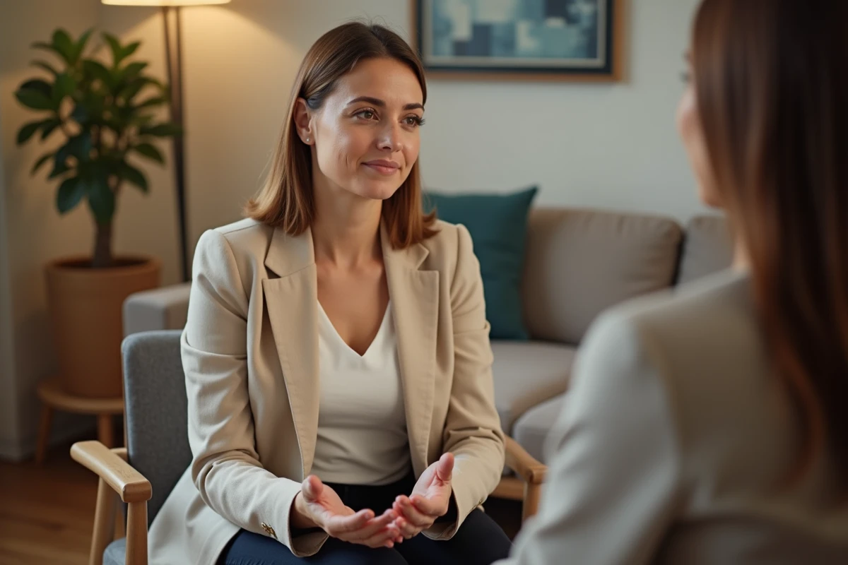 Thérapeute professionnelle en cabinet recevant un client dans un environnement chaleureux et accueillant