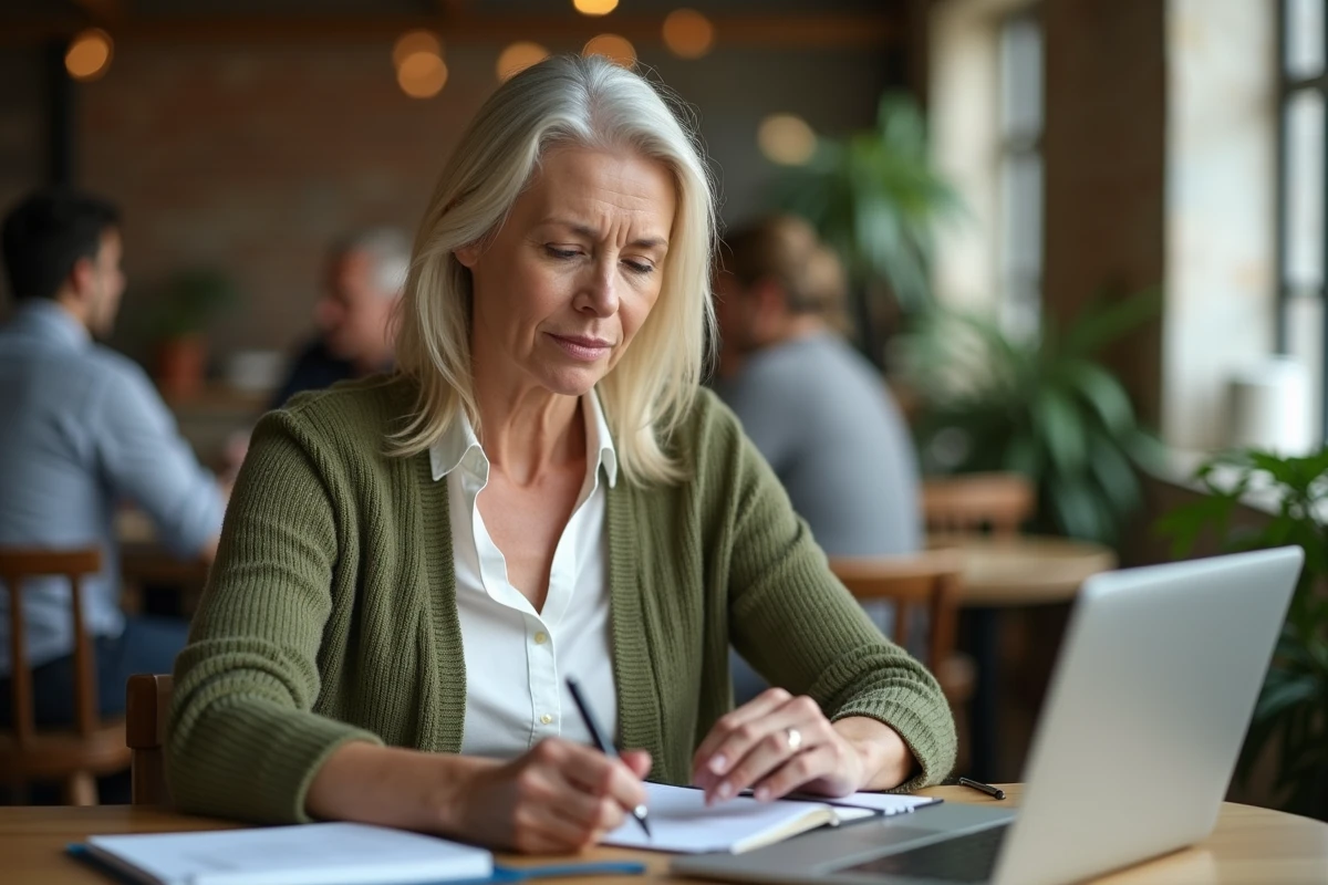 Thérapeute travaillant sur sa présence en ligne dans un café pour développer sa clientèle