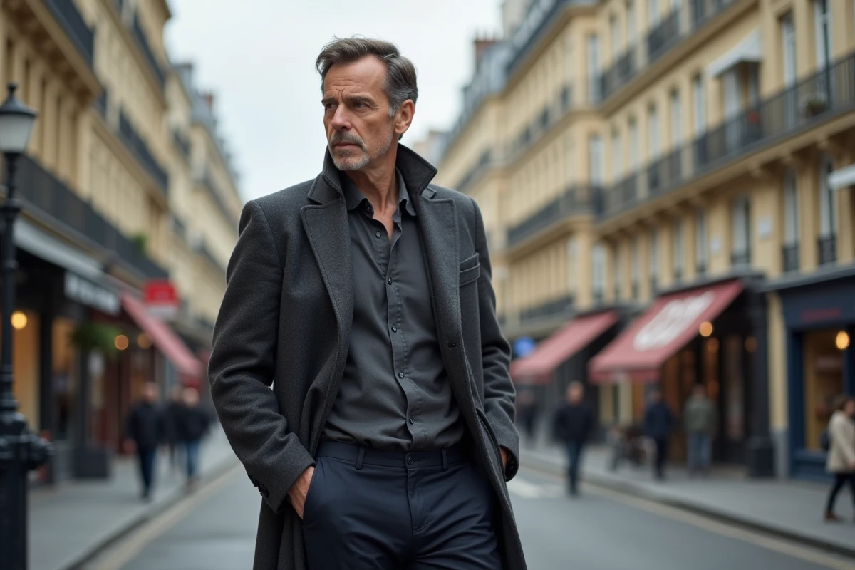 Portrait urbain d'un influenceur et entrepreneur français dans les rues de Paris, regard pensif vers l'avenir