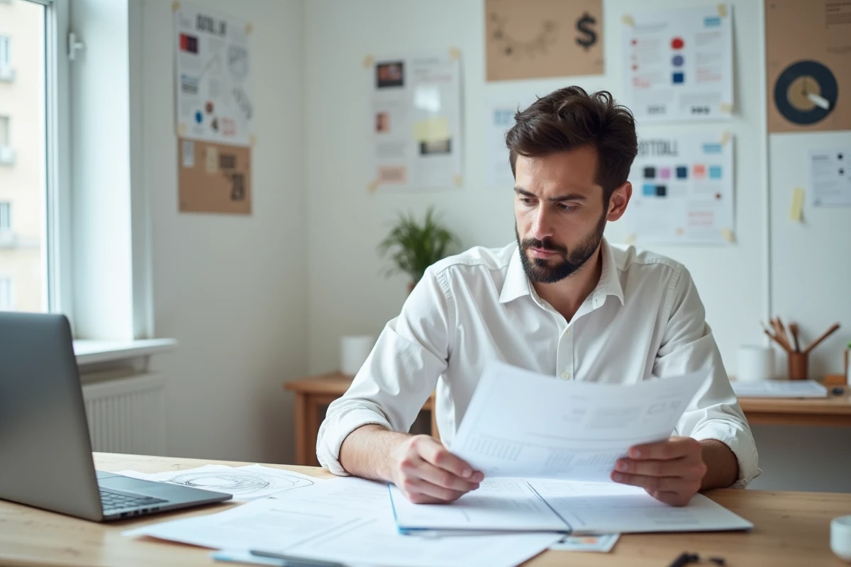 Professionnel créatif français analysant ses projets 2026 sur un bureau épuré avec plans et maquettes