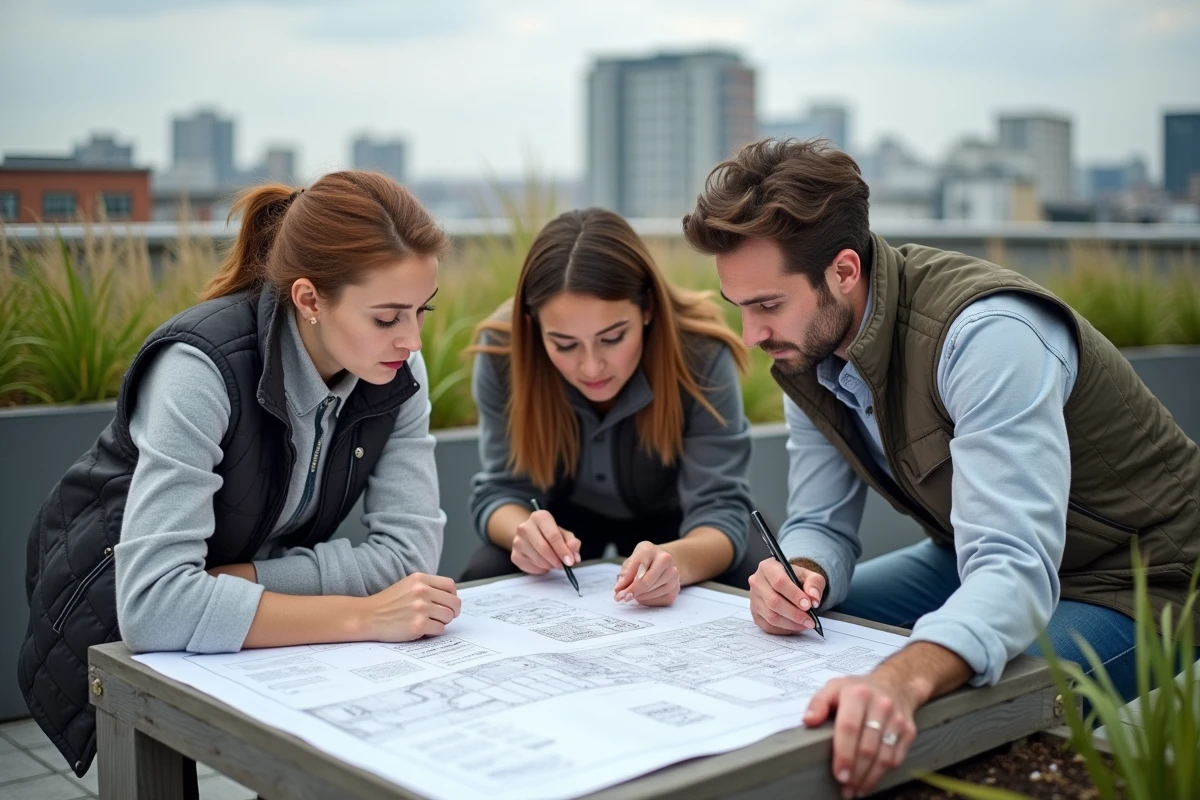 Équipe d'urbanistes étudiant des plans de durabilité sur un jardin urbain en toiture dans une ville européenne