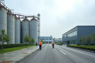 Vue extérieure d'une usine de production d'engrais Nitrofer avec silos industriels et ouvriers en veste haute visibilité