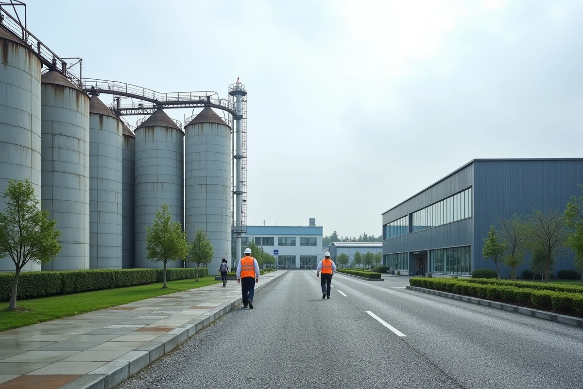 Vue extérieure d'une usine de production d'engrais Nitrofer avec silos industriels et ouvriers en veste haute visibilité