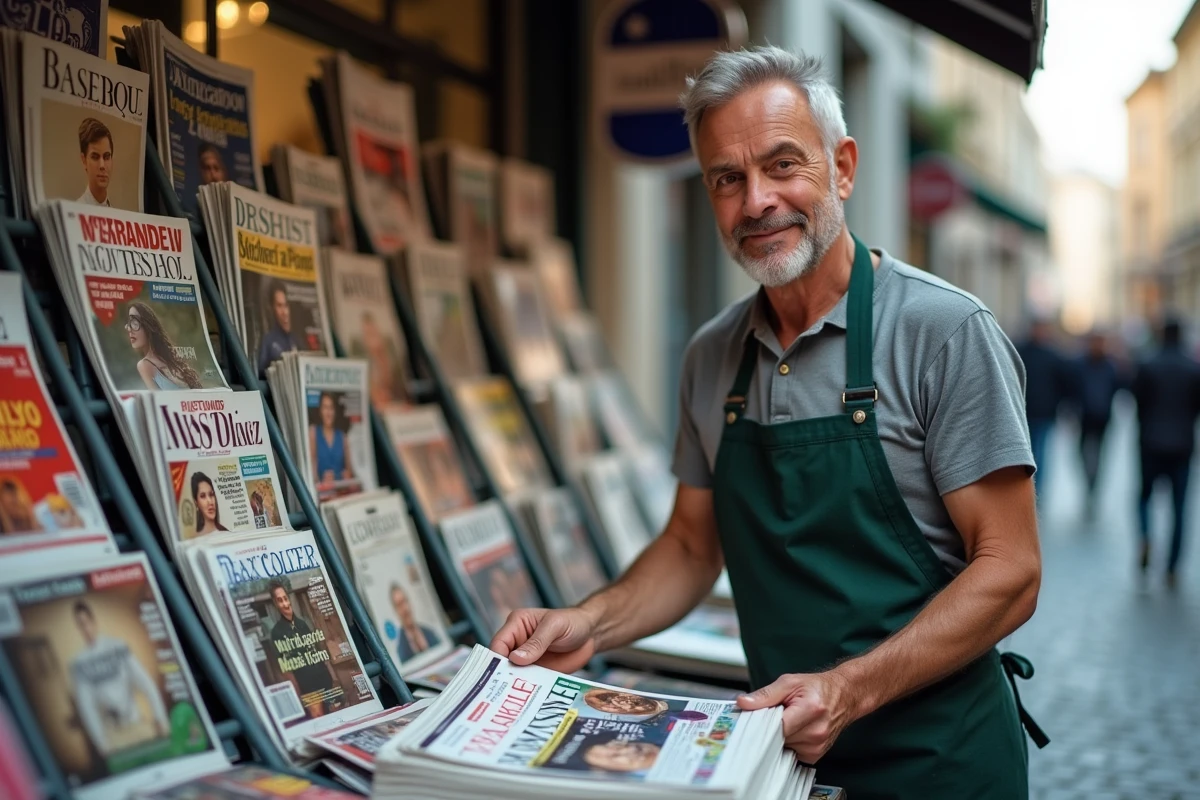 Vendeur de kiosque arrangeant des magazines très distribués sur un présentoir de rue européen