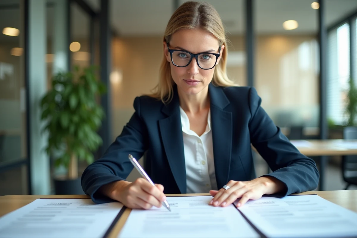 Professionnelle vérifiant des documents d'immatriculation d'une entreprise dans un bureau moderne