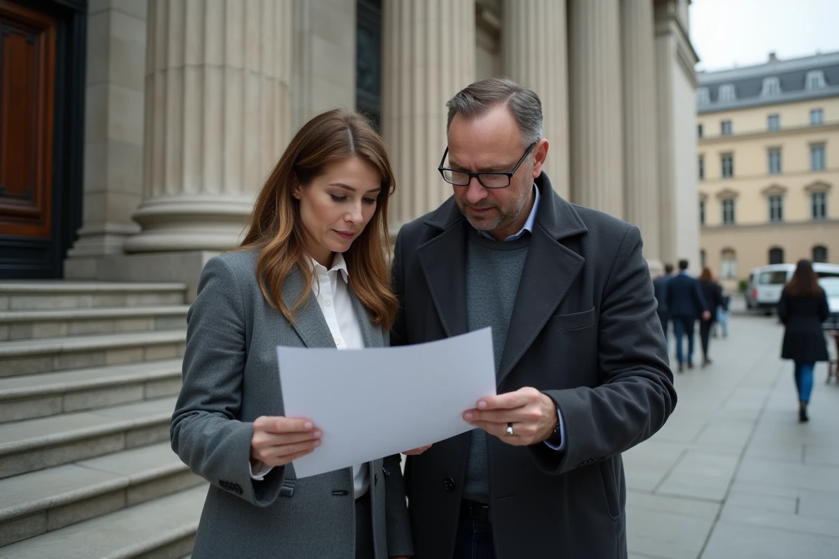 Deux professionnels consultant un document officiel devant un bâtiment administratif pour vérifier l'existence d'une société