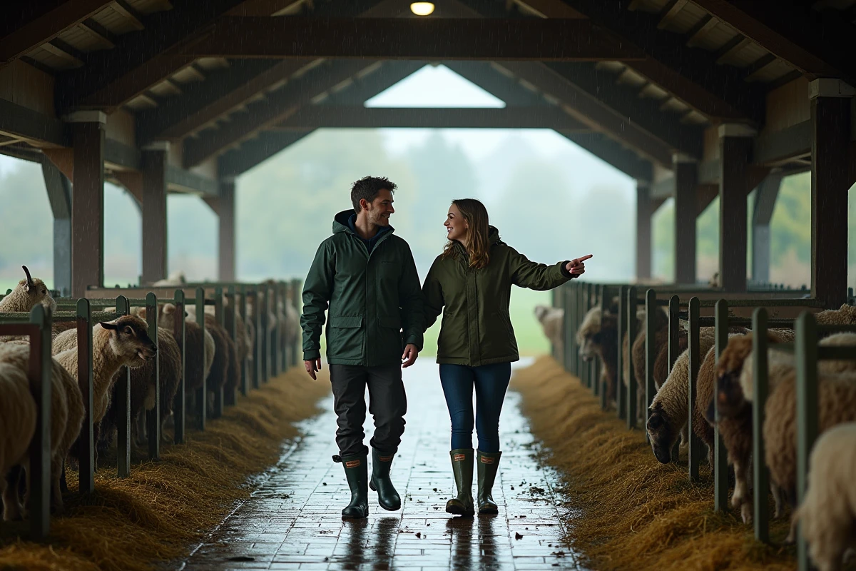 Couple en visite des animaux de la ferme du Fays sous la pluie le long d'un chemin couvert